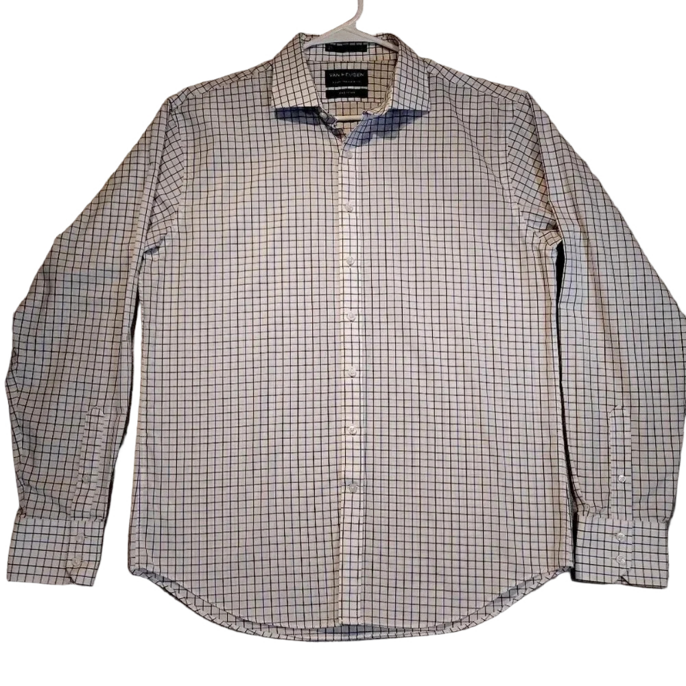 Van Heusen Men's White &  Blue Plaid Easy Care Dress Shirt Neck 42 Sleeve 90
